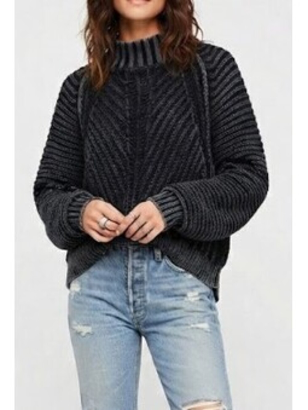 Free People Sweetheart Rib Chunky Mock Neck Sweater Black Washed Cotton M - Picture 2 of 10
